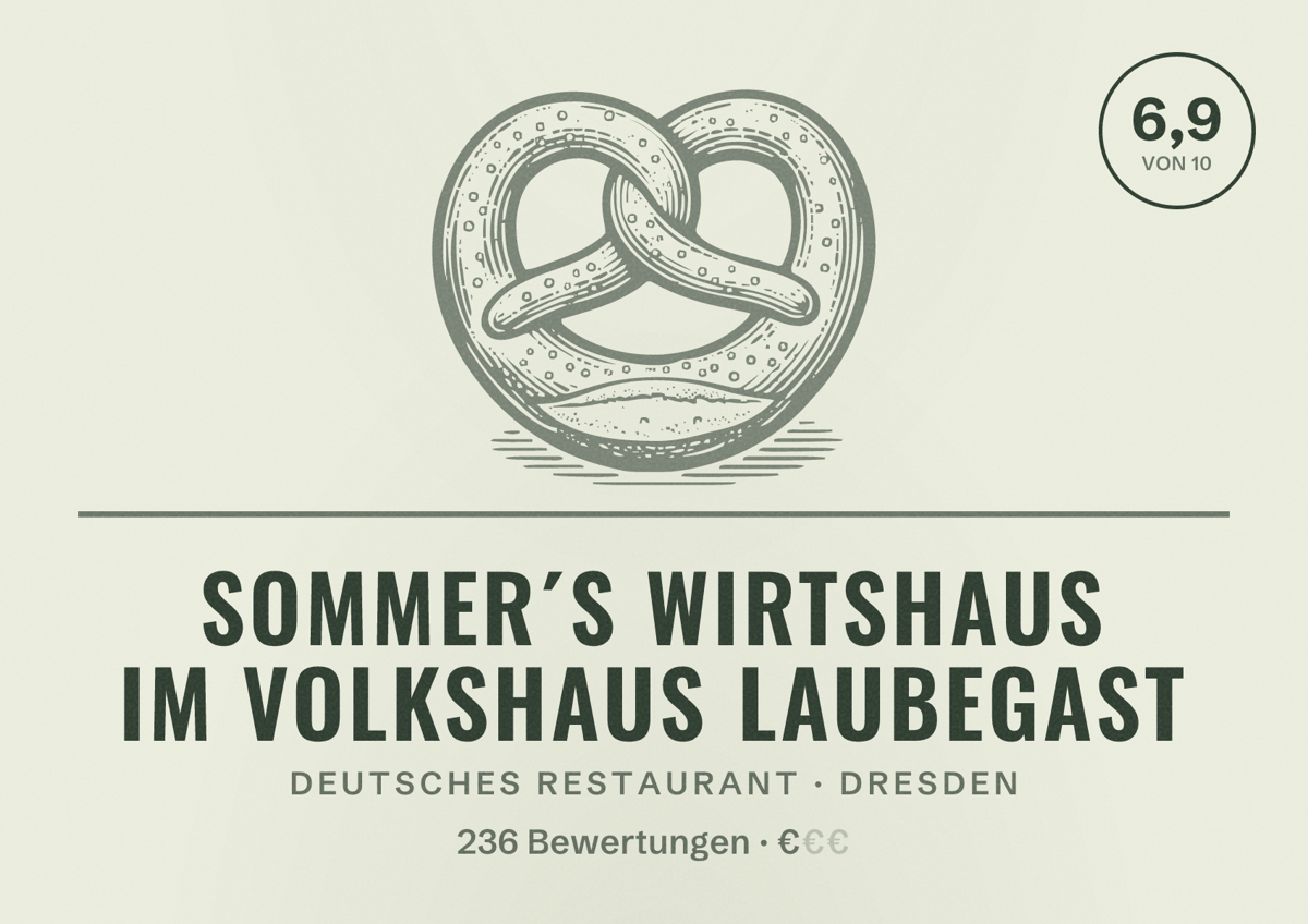 Illustriertes Poster von Sommer´s Wirtshaus im Volkshaus Laubegast, Deutsches Restaurant in Dresden: Bewertung 6,9 von 10 aus 236 Bewertungen, Preisniveau €