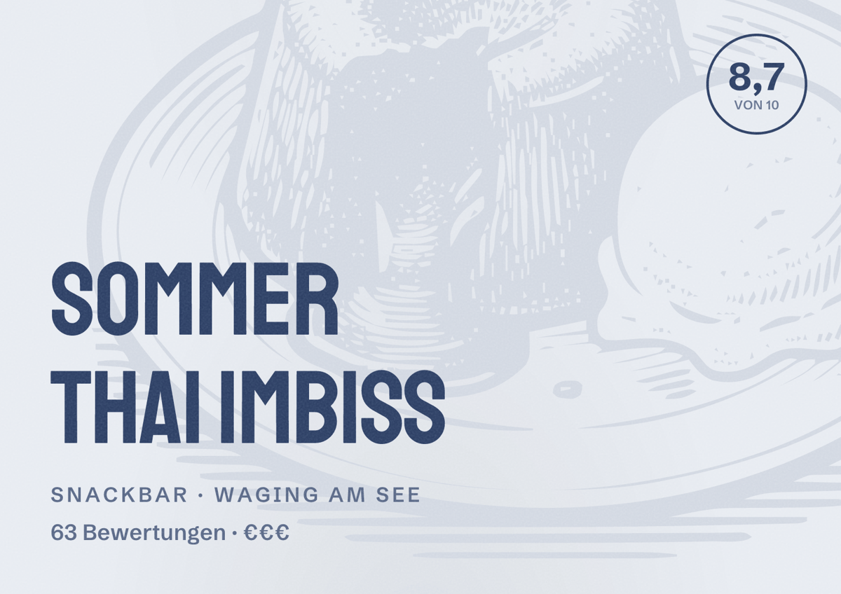 Illustriertes Poster von SOMMER Thai Imbiss, Snackbar in Waging am See: Bewertung 8,7 von 10 aus 63 Bewertungen, Preisniveau €€€