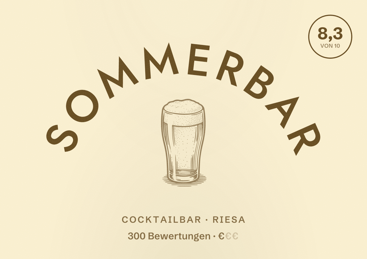 Illustriertes Poster von Sommerbar, Cocktailbar in Riesa: Bewertung 8,3 von 10 aus 300 Bewertungen, Preisniveau €