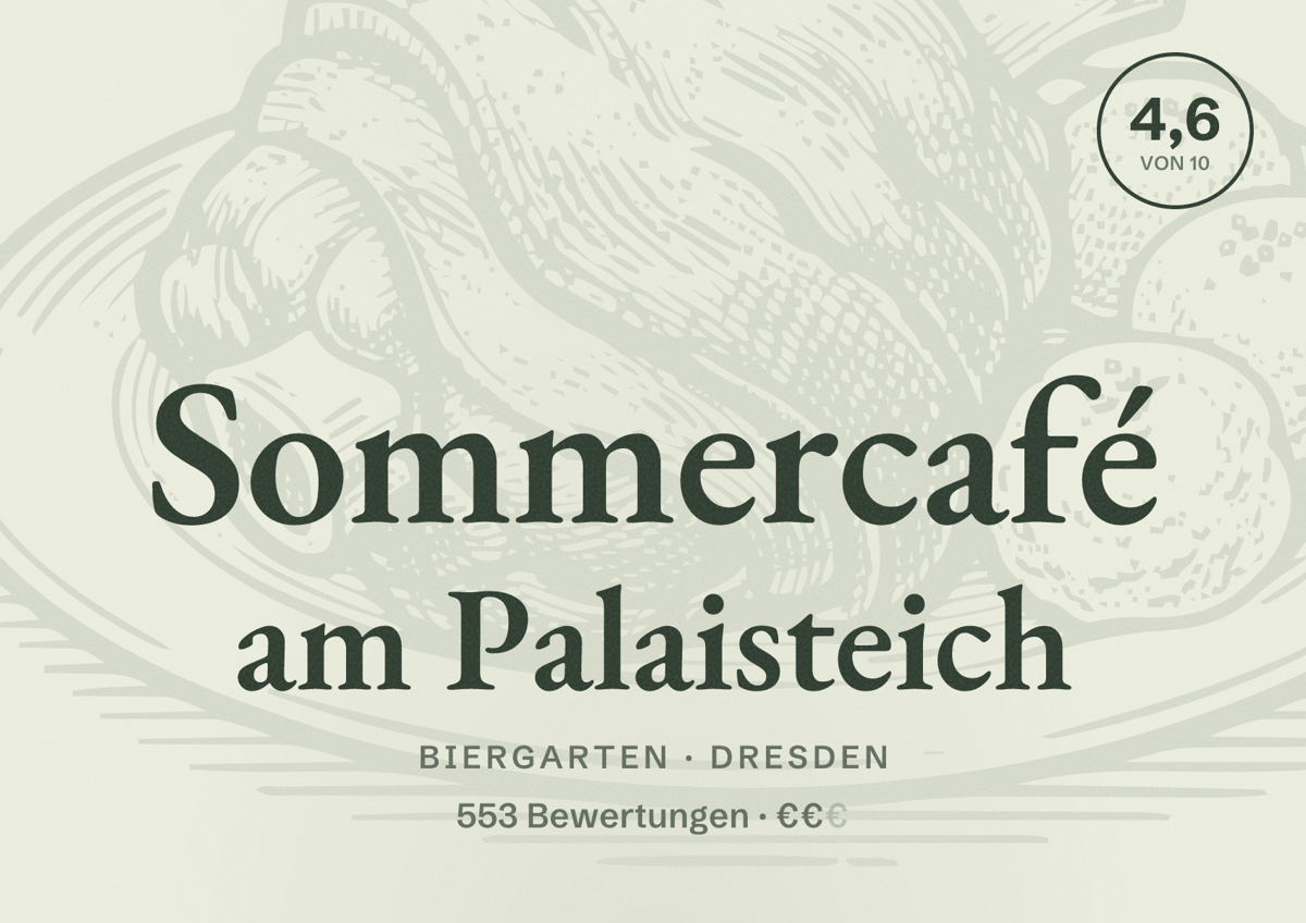 Illustriertes Poster von Sommercafé am Palaisteich, Biergarten in Dresden: Bewertung 4,6 von 10 aus 553 Bewertungen, Preisniveau €€