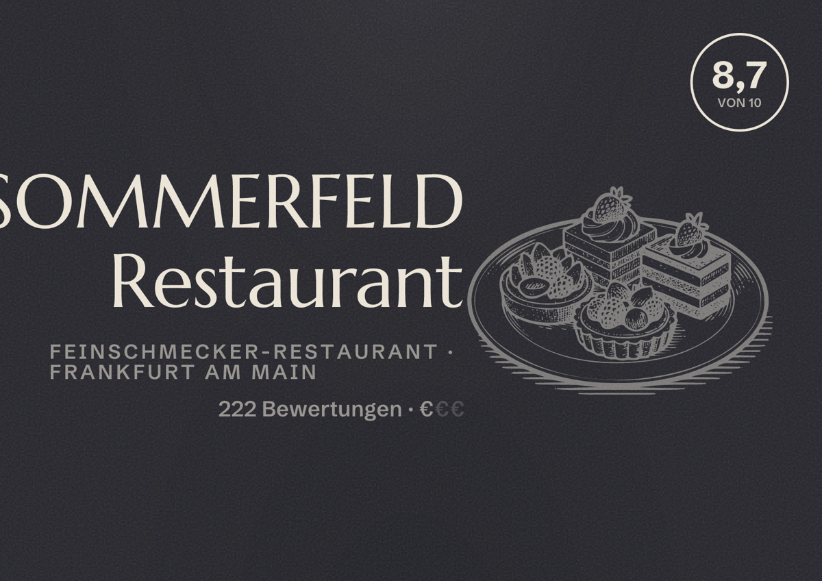 Illustriertes Poster von SOMMERFELD Restaurant, Feinschmecker-Restaurant in Frankfurt am Main: Bewertung 8,7 von 10 aus 222 Bewertungen, Preisniveau €