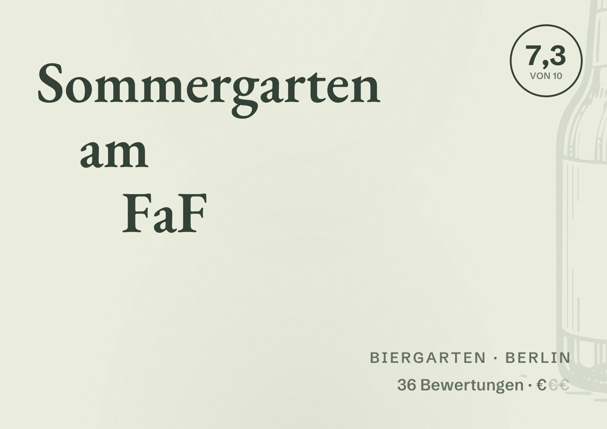Illustriertes Poster von Sommergarten am FaF, Biergarten in Berlin: Bewertung 7,3 von 10 aus 36 Bewertungen, Preisniveau €