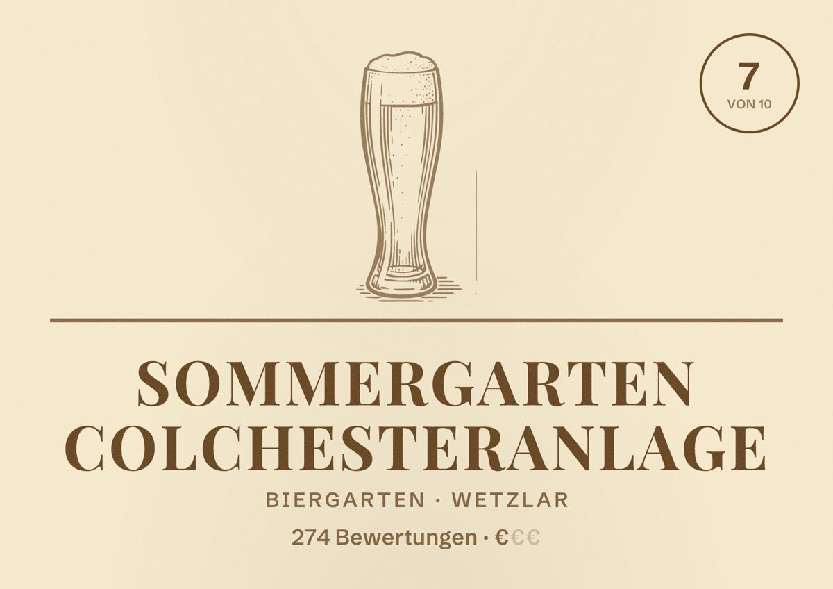 Illustriertes Poster von Sommergarten Colchesteranlage, Biergarten in Wetzlar: Bewertung 7 von 10 aus 274 Bewertungen, Preisniveau €