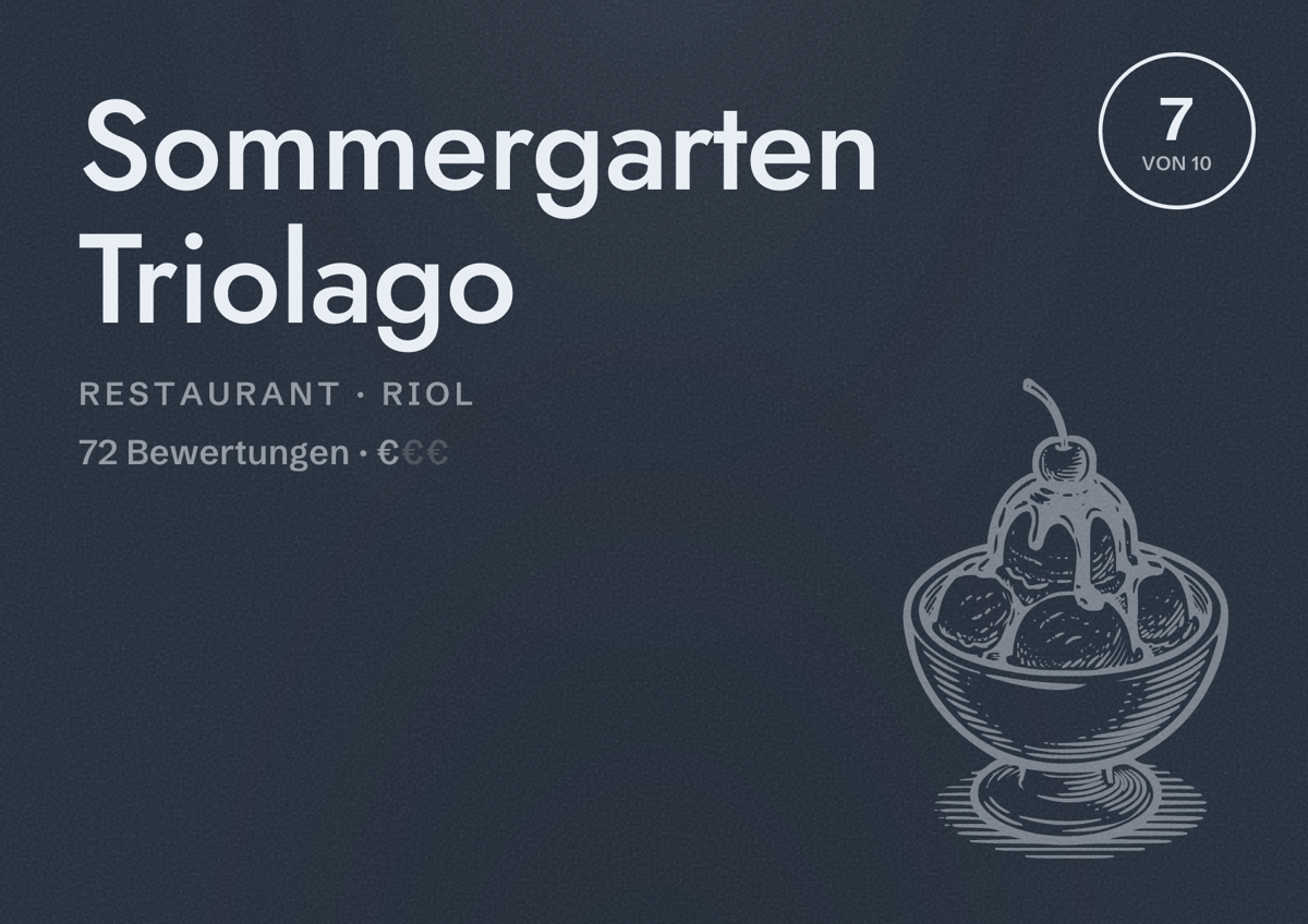 Illustriertes Poster von Sommergarten Triolago, Restaurant in Riol: Bewertung 7 von 10 aus 72 Bewertungen, Preisniveau €