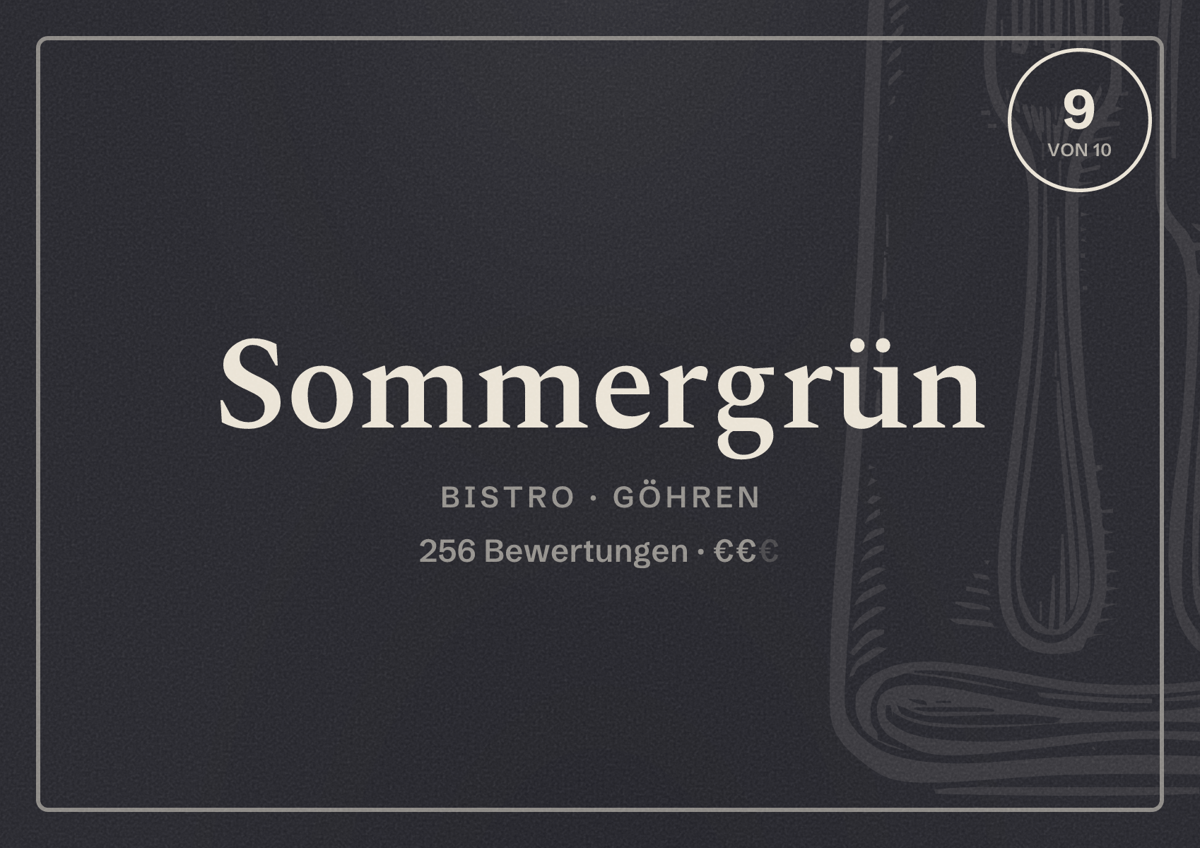 Illustriertes Poster von Sommergrün, Bistro in Göhren: Bewertung 9 von 10 aus 256 Bewertungen, Preisniveau €€