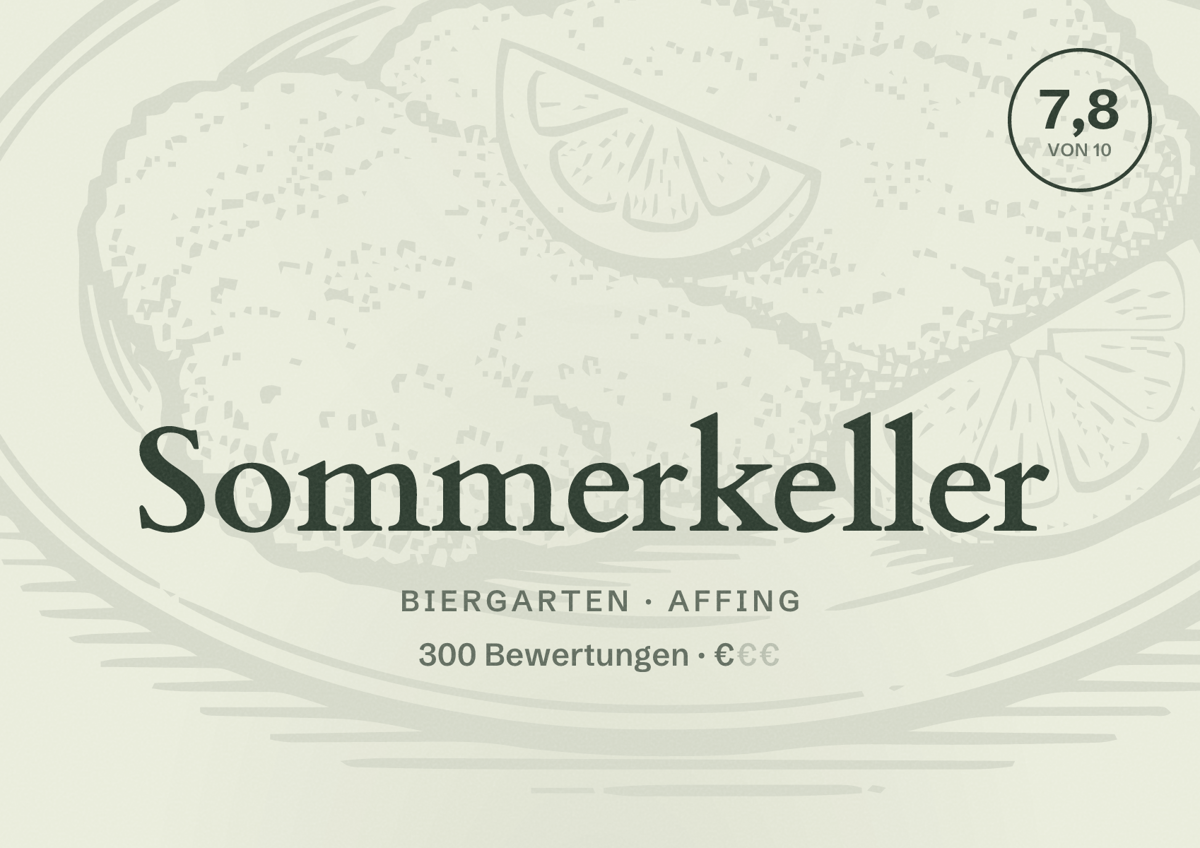 Illustriertes Poster von Sommerkeller, Biergarten in Affing: Bewertung 7,8 von 10 aus 300 Bewertungen, Preisniveau €
