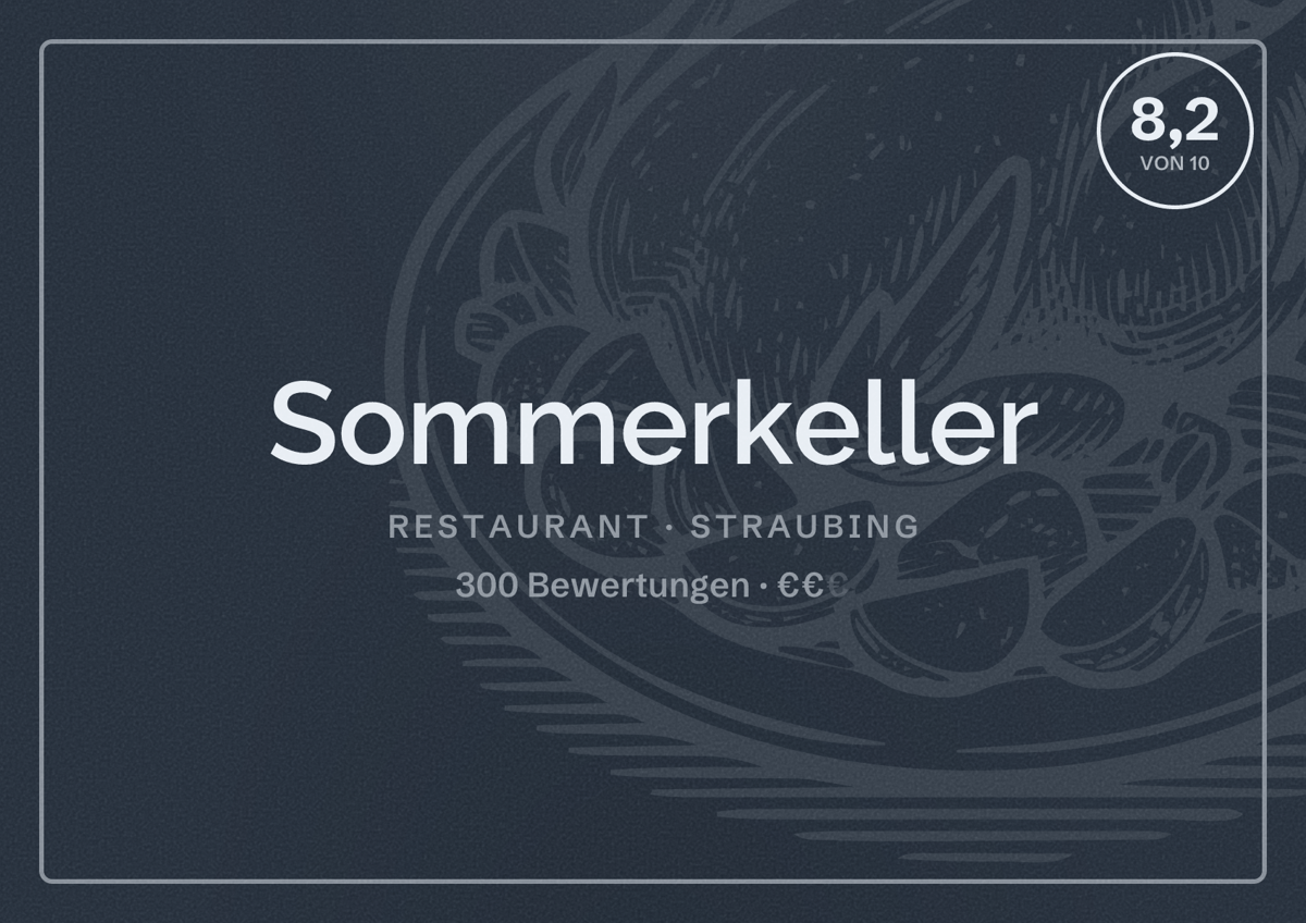 Illustriertes Poster von Sommerkeller, Restaurant in Straubing: Bewertung 8,2 von 10 aus 300 Bewertungen, Preisniveau €€