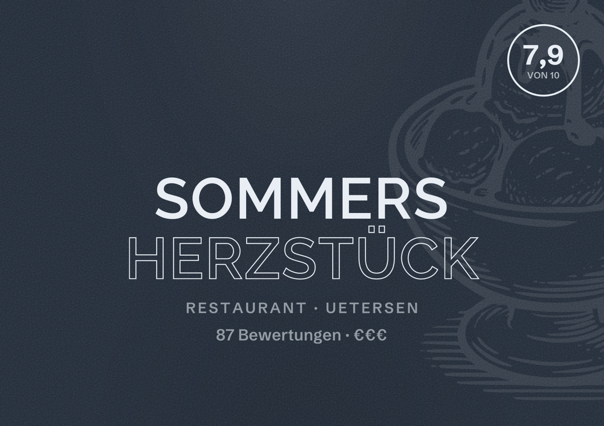 Illustriertes Poster von Sommers Herzstück, Restaurant in Uetersen: Bewertung 7,9 von 10 aus 87 Bewertungen, Preisniveau €€€