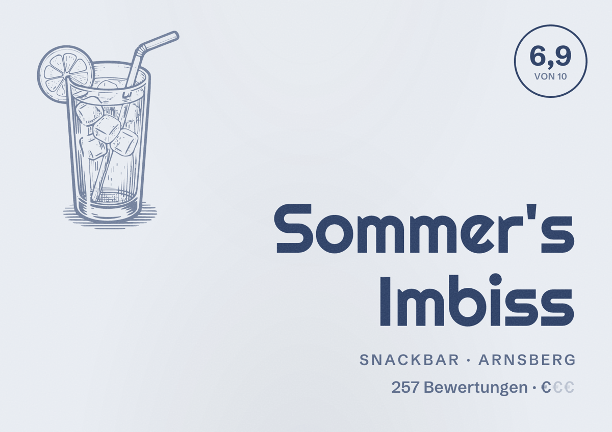 Illustriertes Poster von Sommer's Imbiss, Snackbar in Arnsberg: Bewertung 6,9 von 10 aus 257 Bewertungen, Preisniveau €