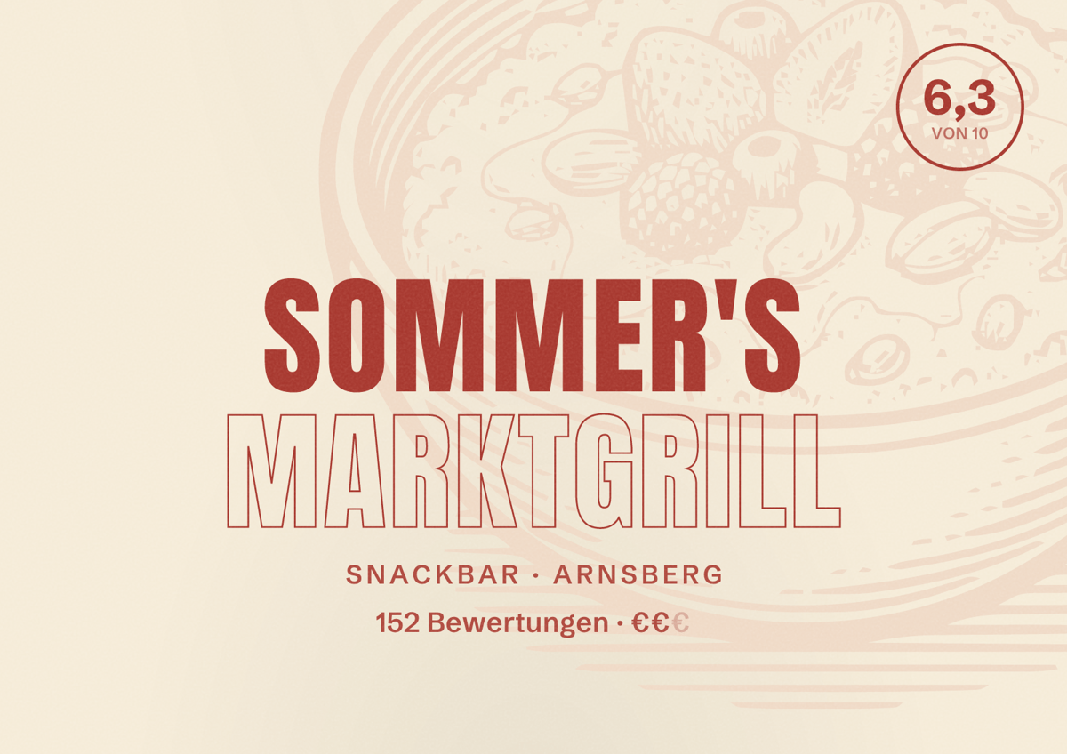 Illustriertes Poster von Sommer's Marktgrill, Snackbar in Arnsberg: Bewertung 6,3 von 10 aus 152 Bewertungen, Preisniveau €€
