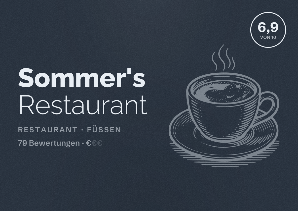 Illustriertes Poster von Sommer's Restaurant, Restaurant in Füssen: Bewertung 6,9 von 10 aus 79 Bewertungen, Preisniveau €