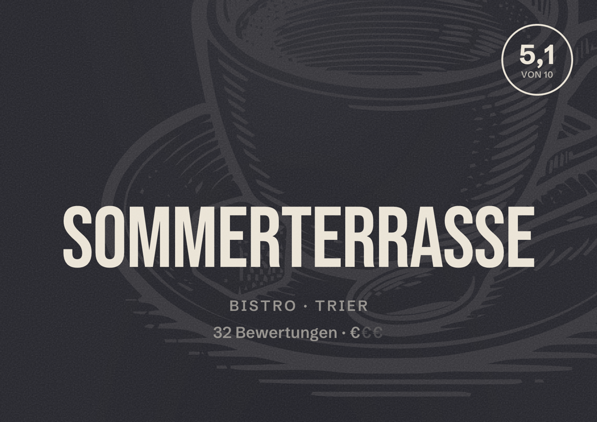 Illustriertes Poster von Sommerterrasse, Bistro in Trier: Bewertung 5,1 von 10 aus 32 Bewertungen, Preisniveau €