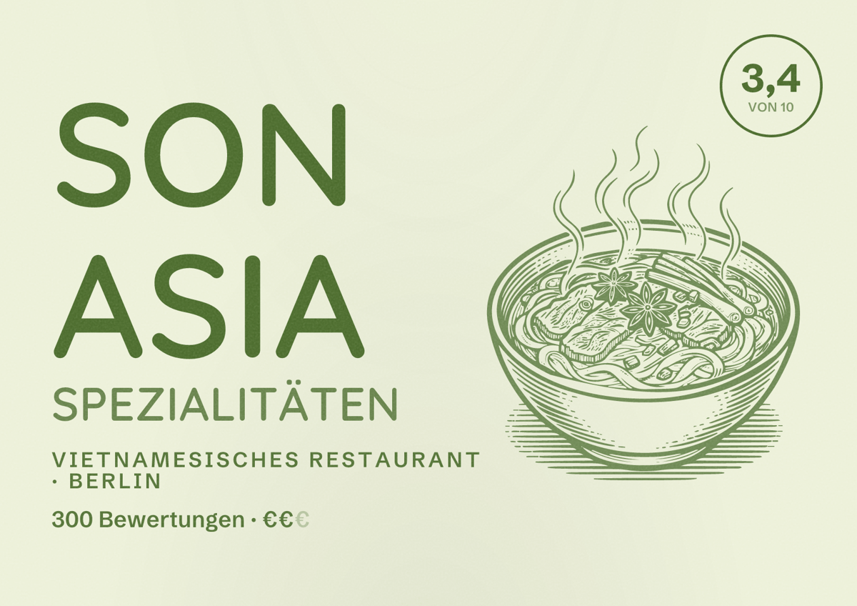 Illustriertes Poster von Son Asia Spezialitäten, Vietnamesisches Restaurant in Berlin: Bewertung 3,4 von 10 aus 300 Bewertungen, Preisniveau €€