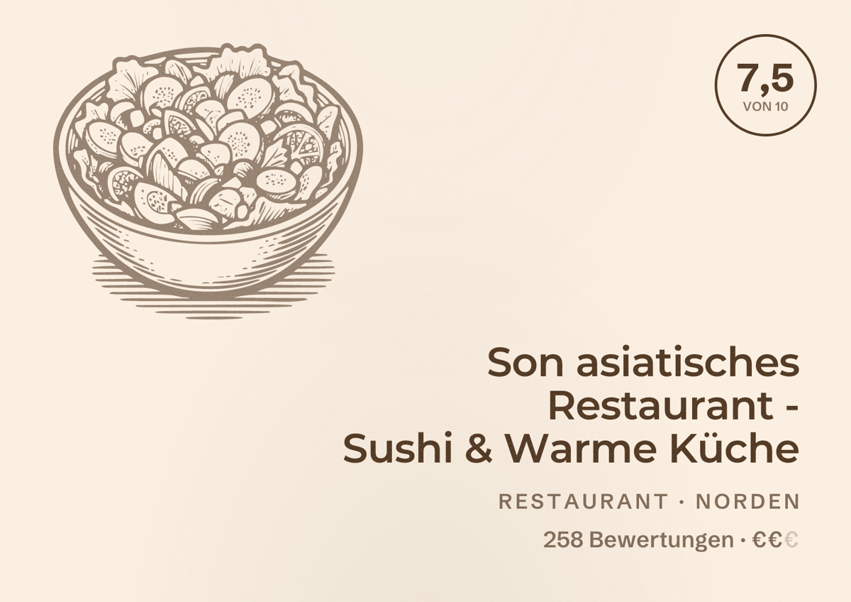 Illustriertes Poster von Son asiatisches Restaurant - Sushi & Warme Küche, Restaurant in Norden: Bewertung 7,5 von 10 aus 258 Bewertungen, Preisniveau €€