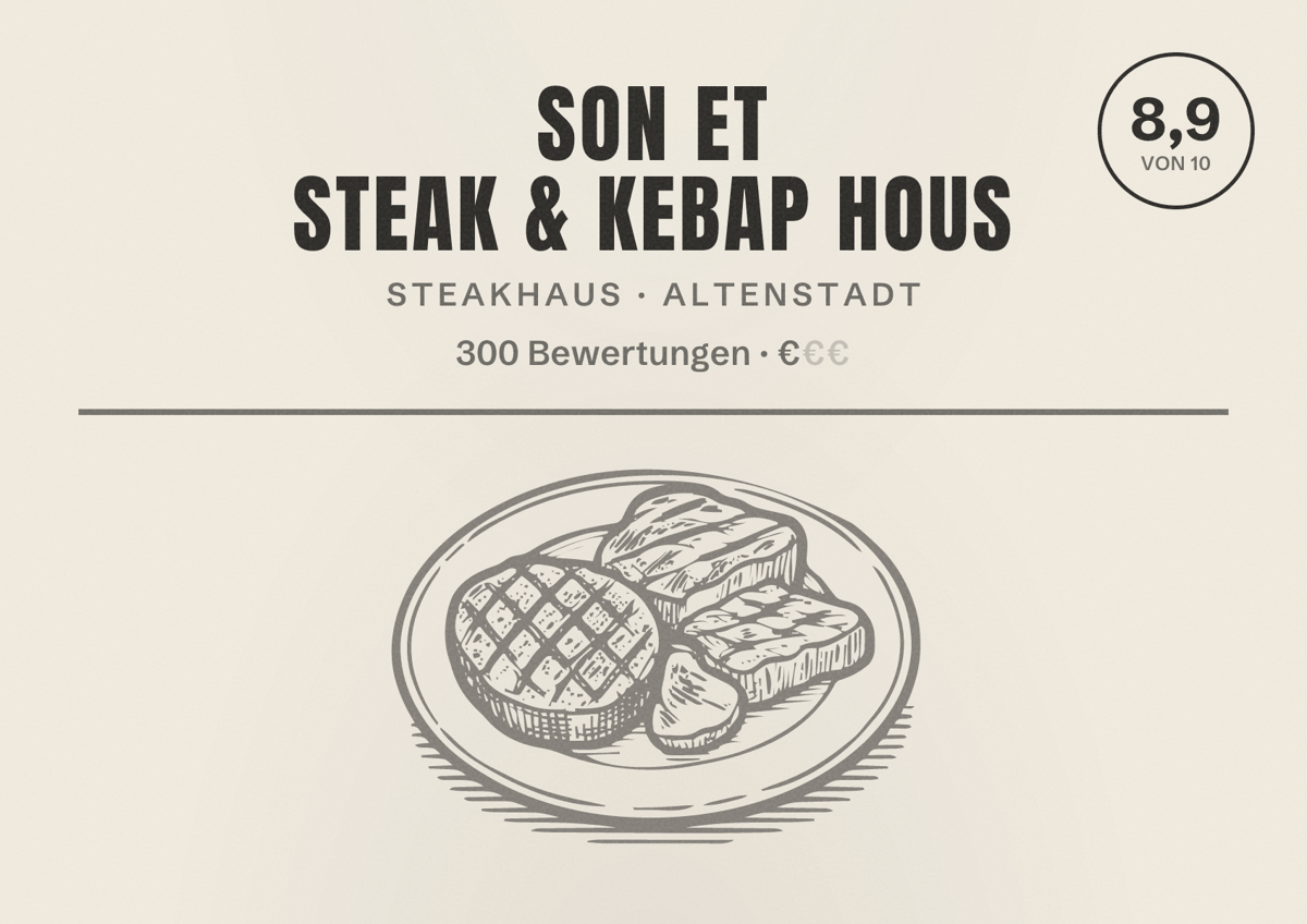 Illustriertes Poster von SON ET Steak & Kebap Hous, Steakhaus in Altenstadt: Bewertung 8,9 von 10 aus 300 Bewertungen, Preisniveau €