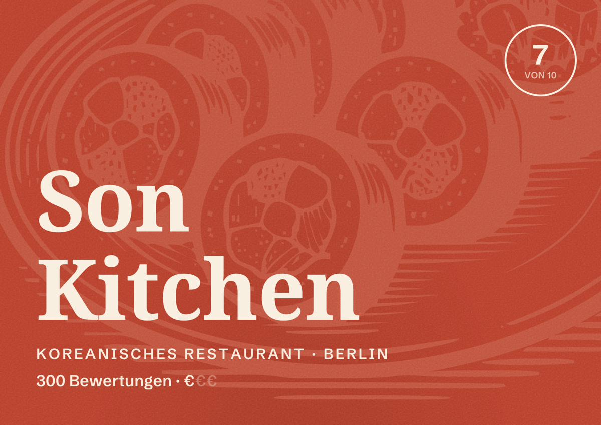 Illustriertes Poster von Son Kitchen, Koreanisches Restaurant in Berlin: Bewertung 7,0 von 10 aus 300 Bewertungen, Preisniveau €