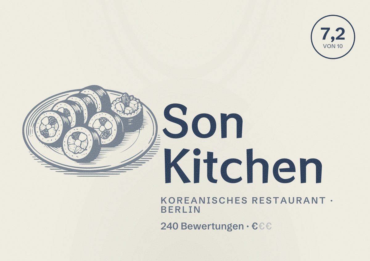 Illustriertes Poster von Son Kitchen, Koreanisches Restaurant in Berlin: Bewertung 7,2 von 10 aus 240 Bewertungen, Preisniveau €
