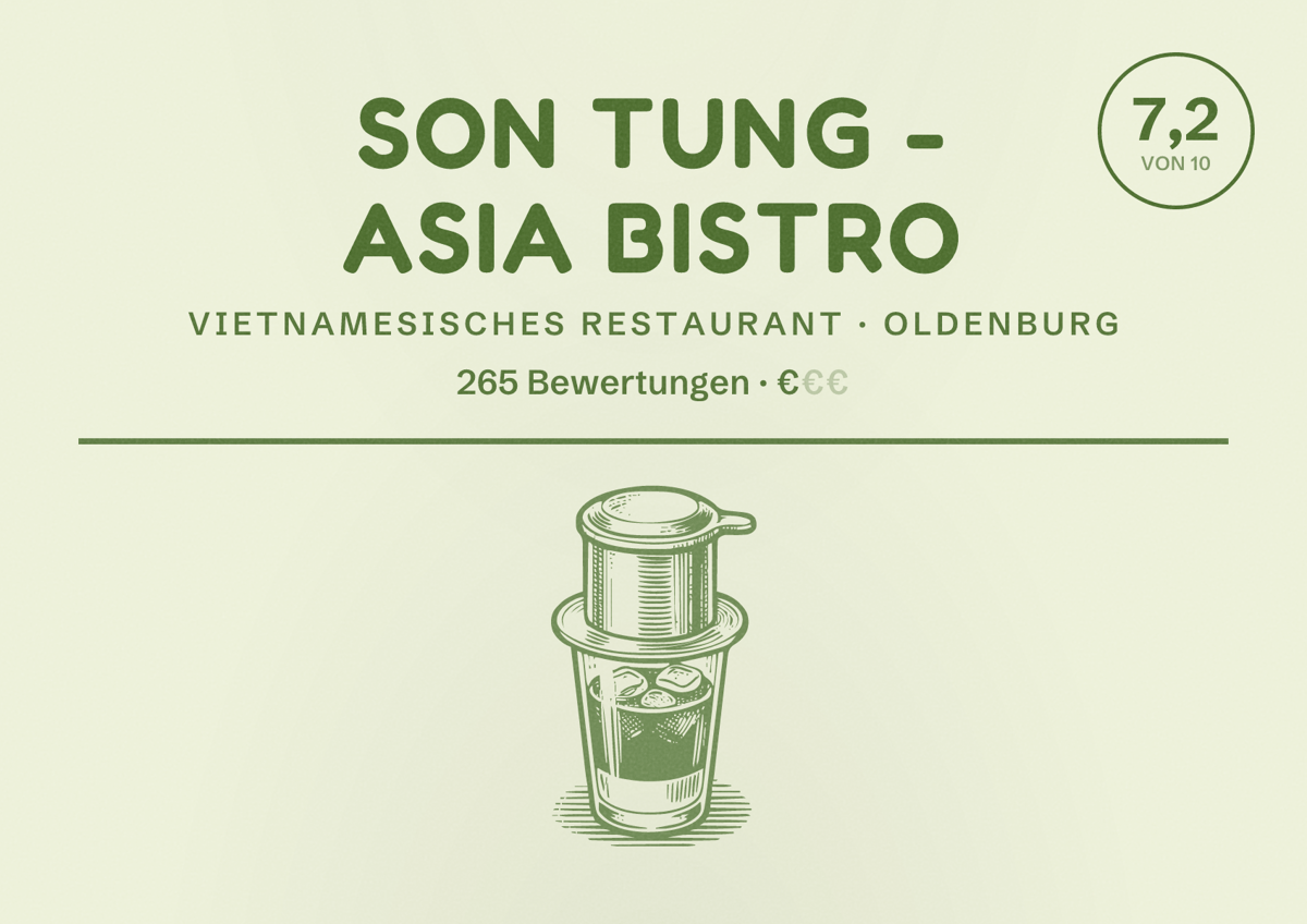 Illustriertes Poster von Son Tung - Asia Bistro, Vietnamesisches Restaurant in Oldenburg: Bewertung 7,2 von 10 aus 265 Bewertungen, Preisniveau €