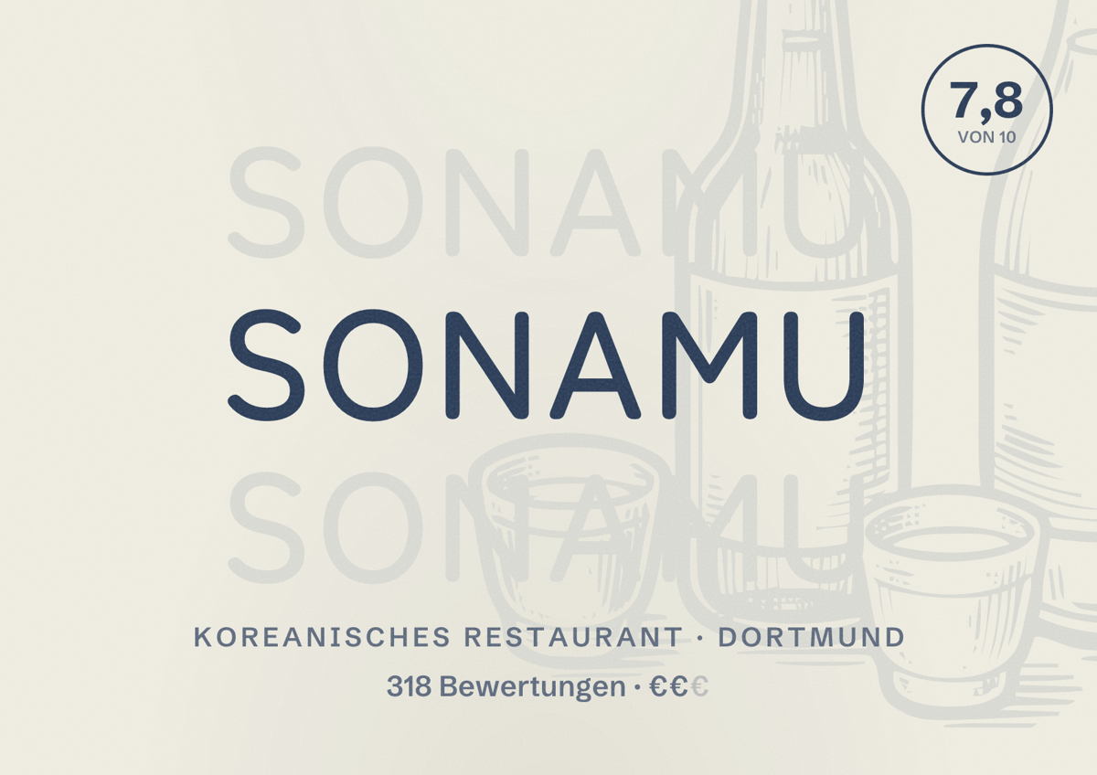 Illustriertes Poster von Sonamu, Koreanisches Restaurant in Dortmund: Bewertung 7,8 von 10 aus 318 Bewertungen, Preisniveau €€
