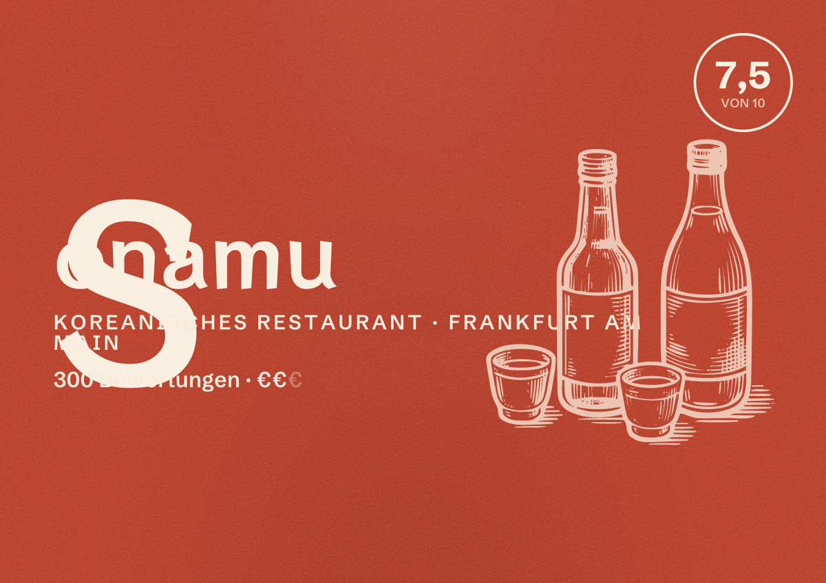 Illustriertes Poster von Sonamu, Koreanisches Restaurant in Frankfurt am Main: Bewertung 7,5 von 10 aus 300 Bewertungen, Preisniveau €€