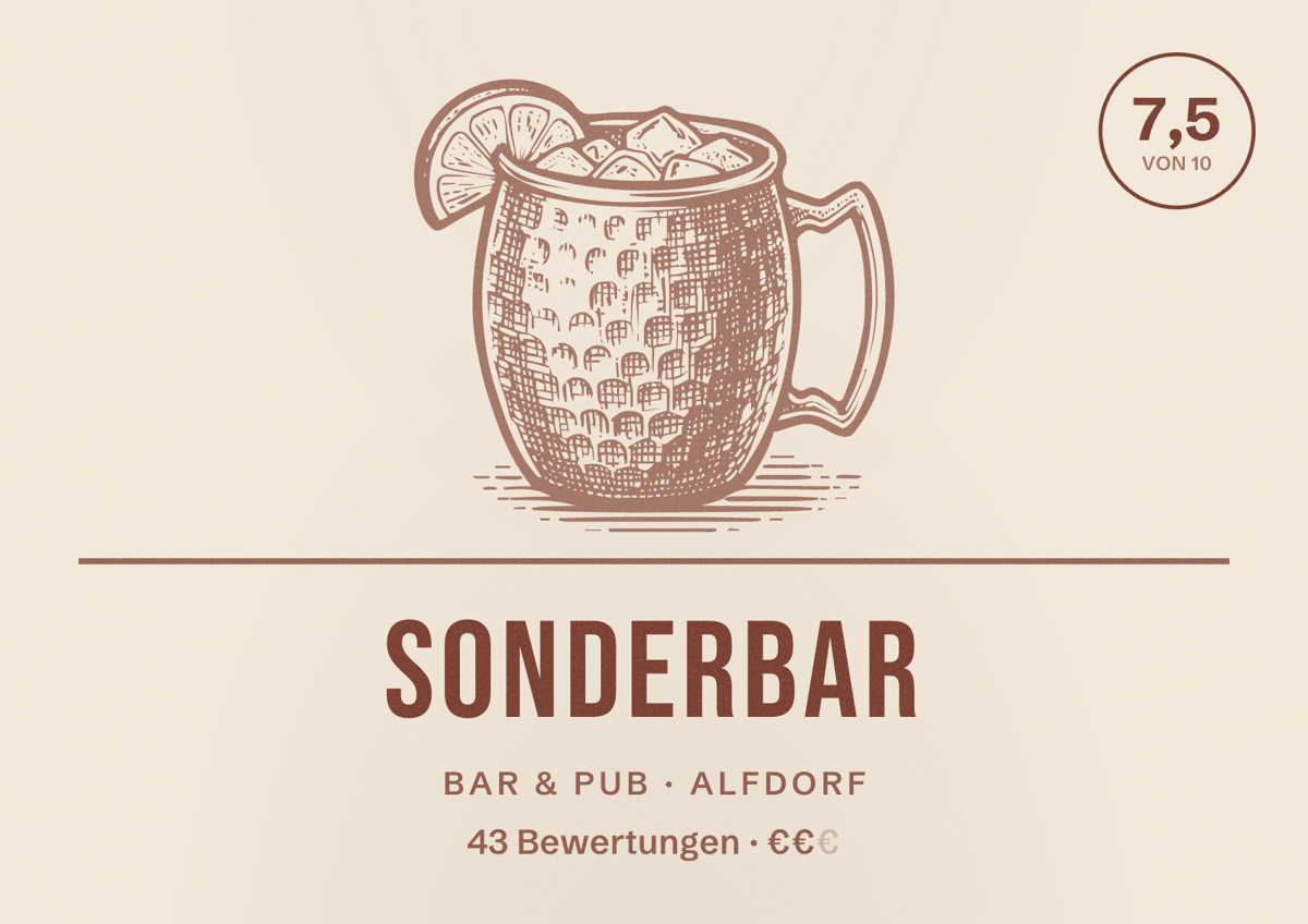 Illustriertes Poster von SonderBar, Bar & Pub in Alfdorf: Bewertung 7,5 von 10 aus 43 Bewertungen, Preisniveau €€