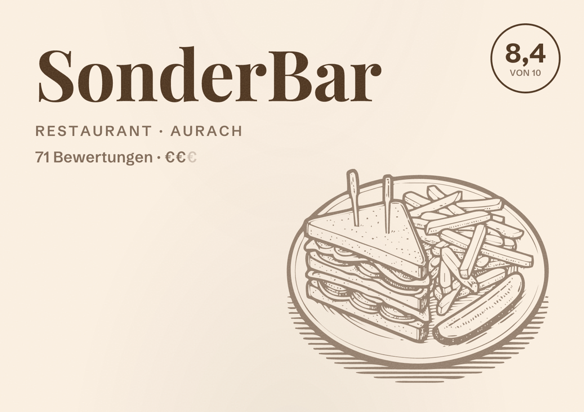 Illustriertes Poster von SonderBar, Restaurant in Aurach: Bewertung 8,4 von 10 aus 71 Bewertungen, Preisniveau €€