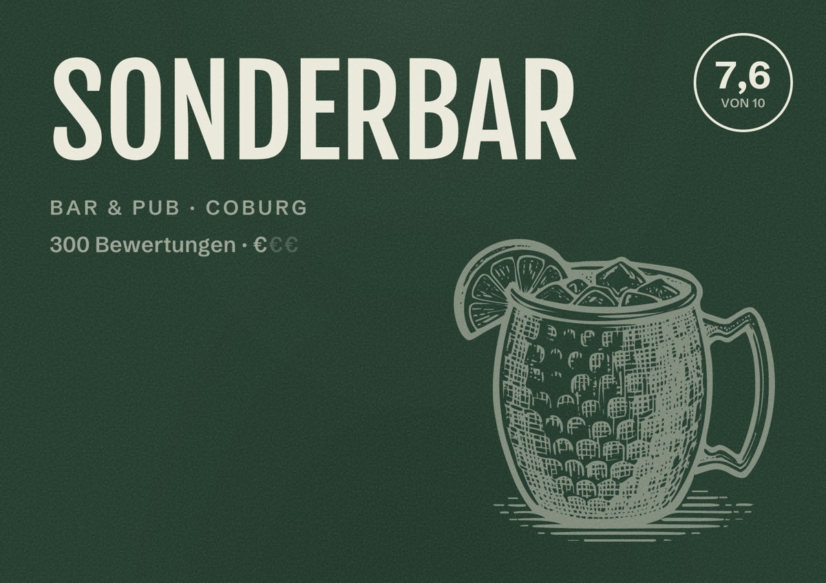 Illustriertes Poster von SONDERBAR, Bar & Pub in Coburg: Bewertung 7,6 von 10 aus 300 Bewertungen, Preisniveau €