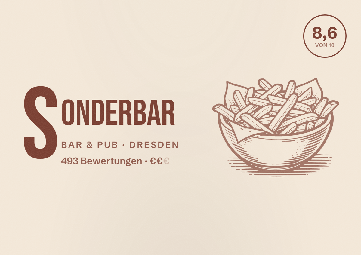Illustriertes Poster von SonderBar, Bar & Pub in Dresden: Bewertung 8,6 von 10 aus 493 Bewertungen, Preisniveau €€