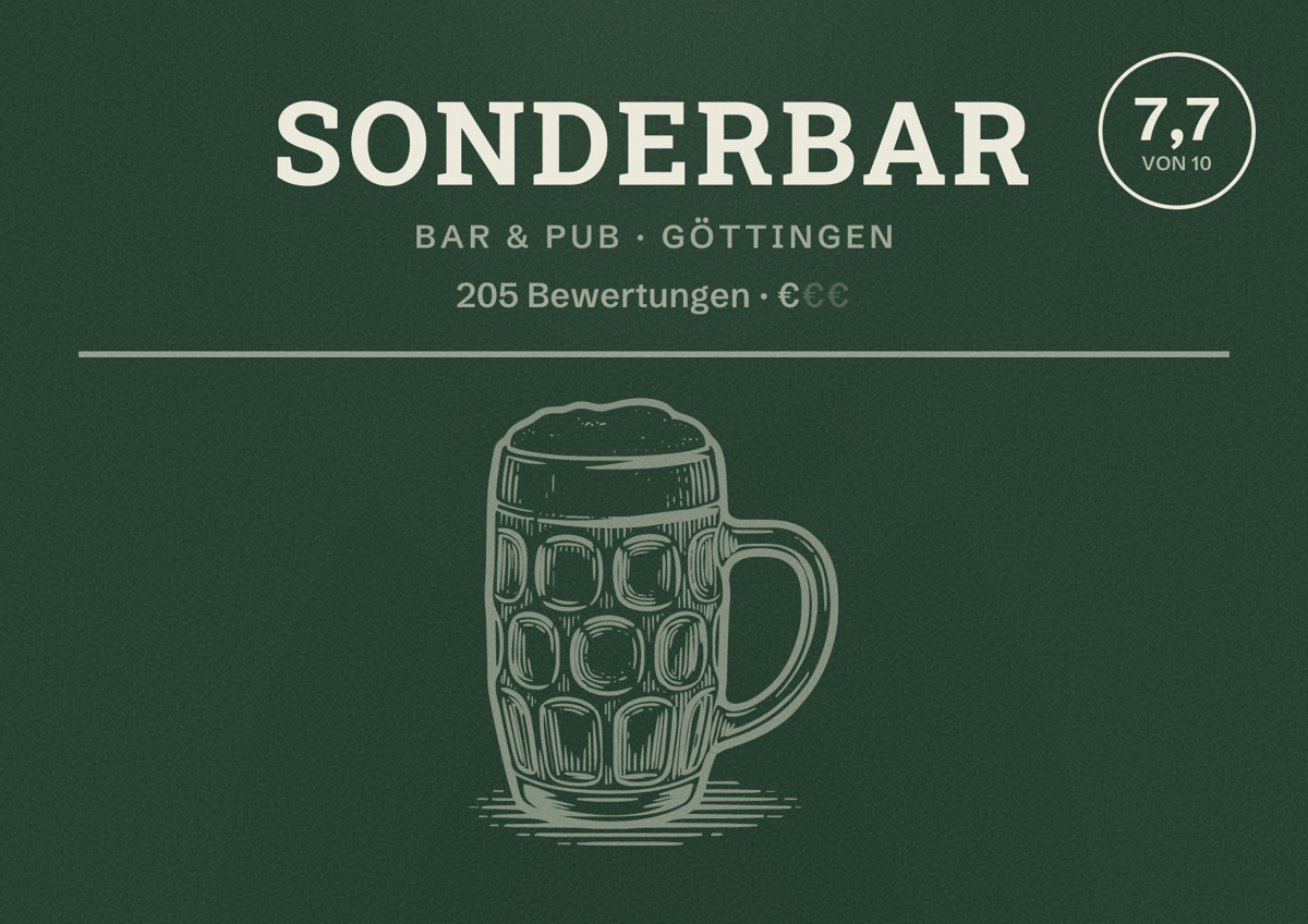 Illustriertes Poster von Sonderbar, Bar & Pub in Göttingen: Bewertung 7,7 von 10 aus 205 Bewertungen, Preisniveau €