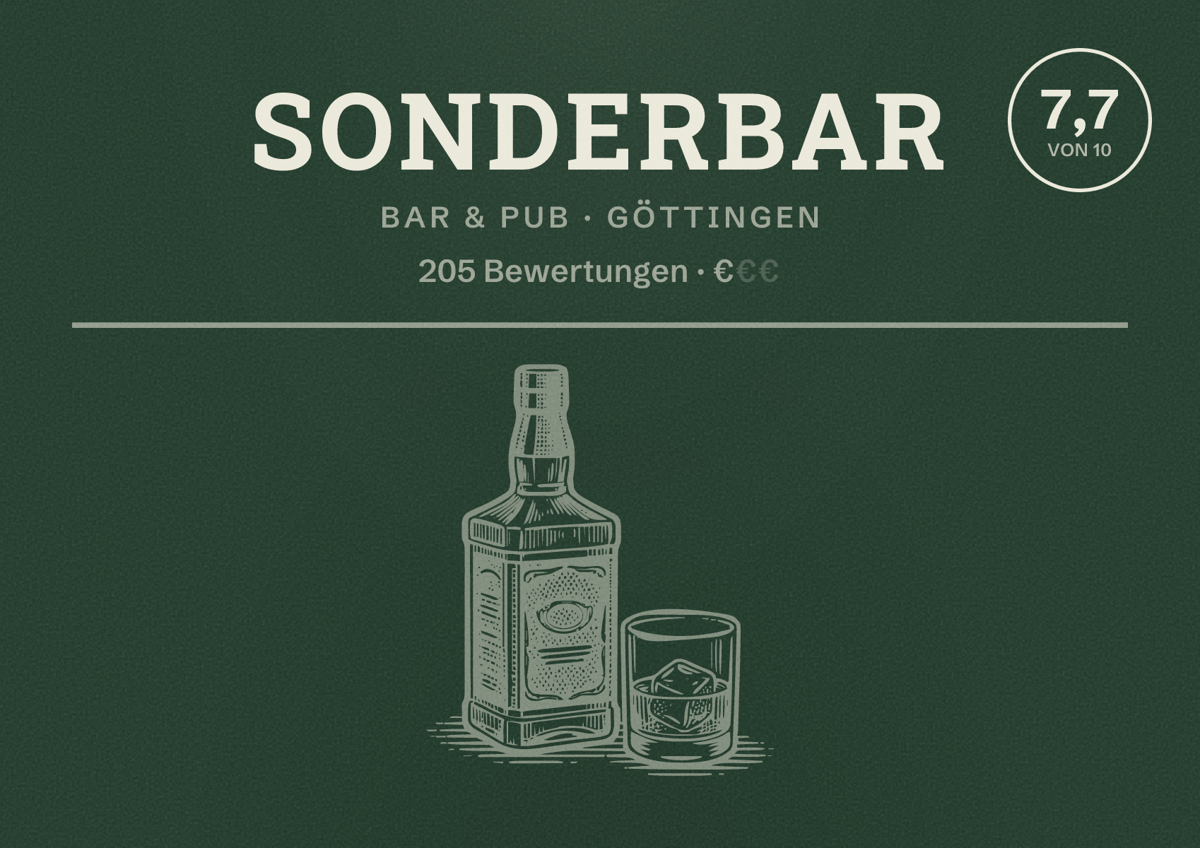 Illustriertes Poster von Sonderbar, Bar & Pub in Göttingen: Bewertung 7,7 von 10 aus 205 Bewertungen, Preisniveau €
