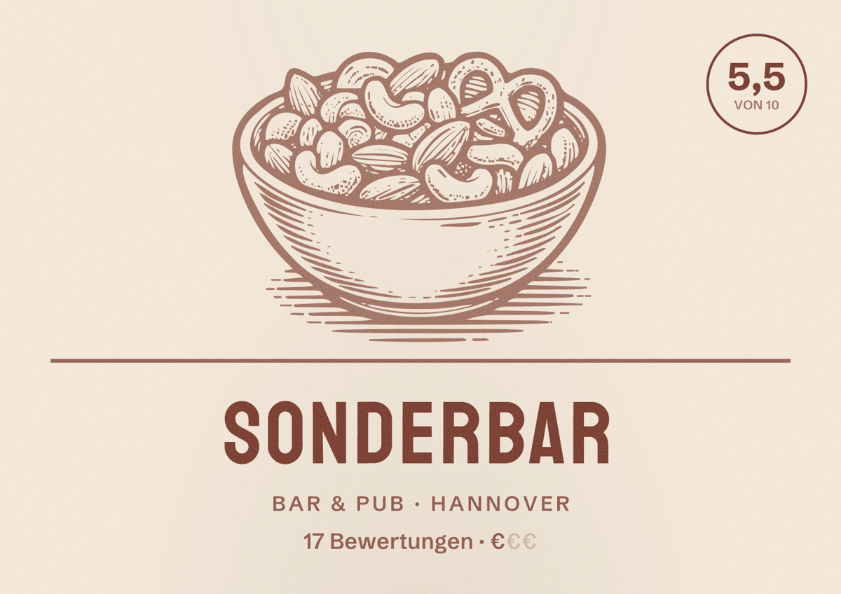 Illustriertes Poster von Sonderbar, Bar & Pub in Hannover: Bewertung 5,5 von 10 aus 17 Bewertungen, Preisniveau €