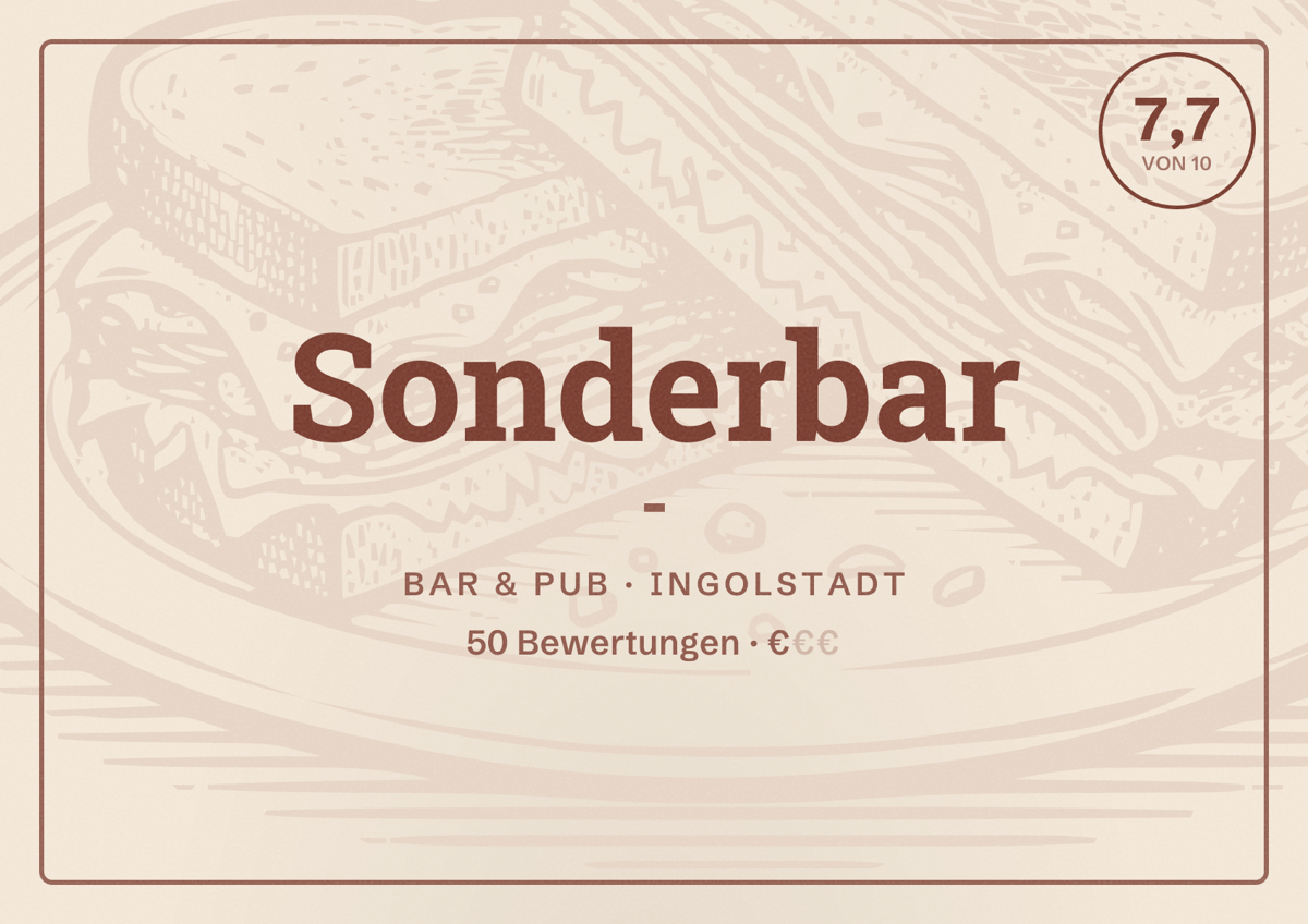 Illustriertes Poster von Sonderbar -, Bar & Pub in Ingolstadt: Bewertung 7,7 von 10 aus 50 Bewertungen, Preisniveau €