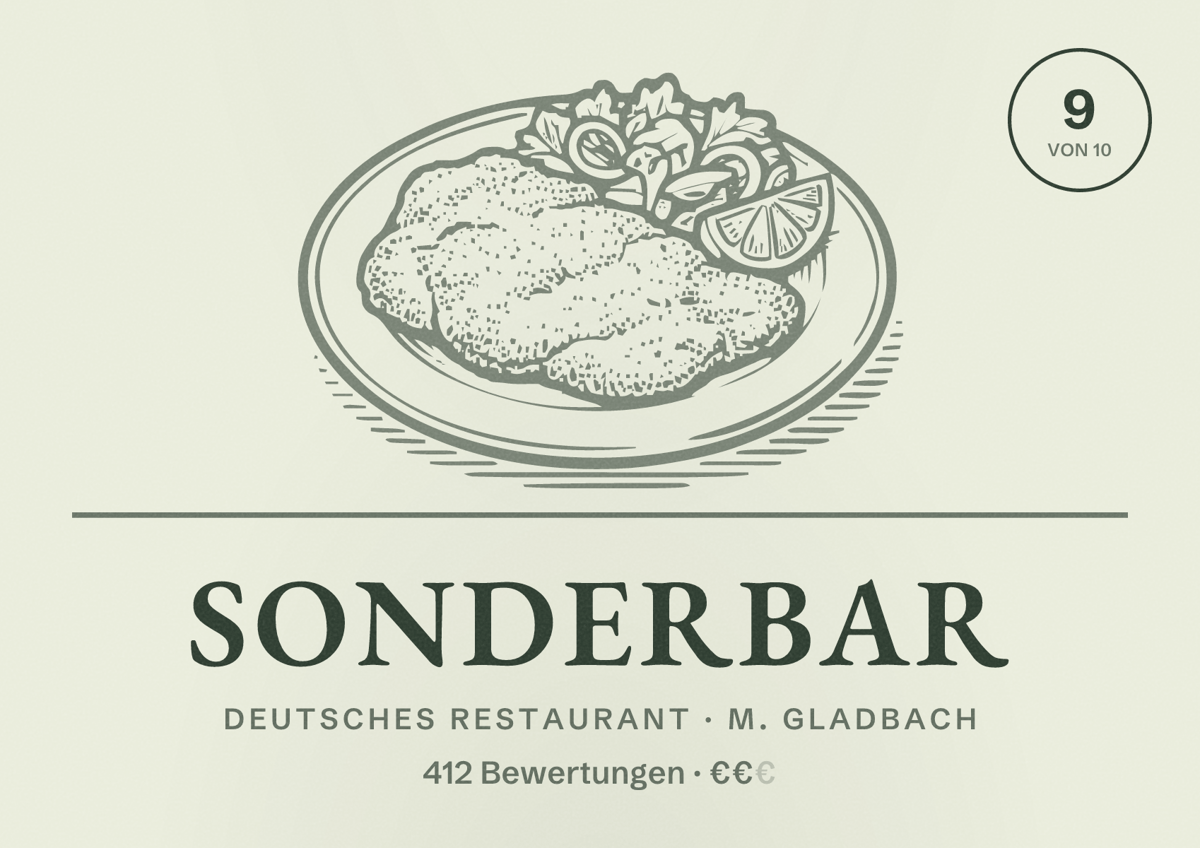 Illustriertes Poster von Sonderbar, Deutsches Restaurant in M. Gladbach: Bewertung 9 von 10 aus 412 Bewertungen, Preisniveau €€