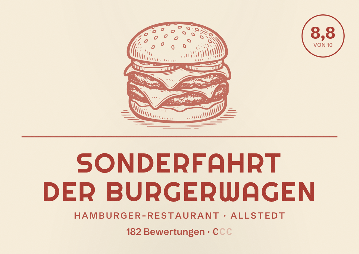 Illustriertes Poster von Sonderfahrt der Burgerwagen, Hamburger-Restaurant in Allstedt: Bewertung 8,8 von 10 aus 182 Bewertungen, Preisniveau €