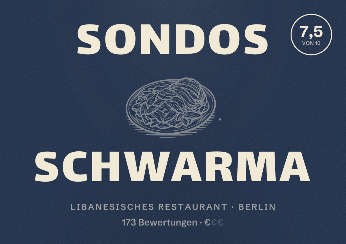 Illustriertes Poster von Sondos Schwarma, Libanesisches Restaurant in Berlin: Bewertung 7,5 von 10 aus 173 Bewertungen, Preisniveau €