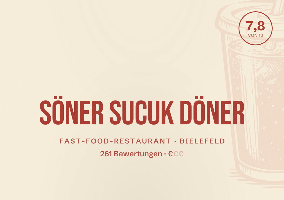 Illustriertes Poster von Söner Sucuk Döner, Fast-Food-Restaurant in Bielefeld: Bewertung 7,8 von 10 aus 261 Bewertungen, Preisniveau €