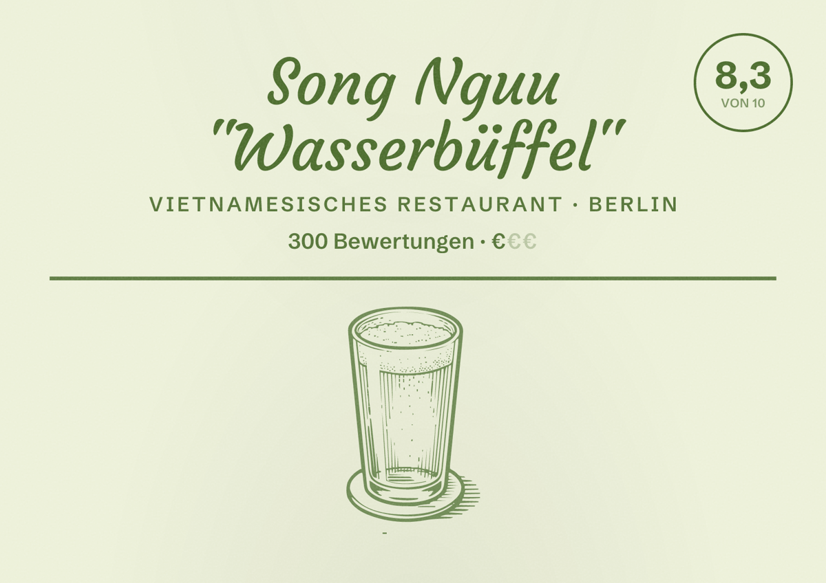 Illustriertes Poster von Song Nguu "Wasserbüffel", Vietnamesisches Restaurant in Berlin: Bewertung 8,3 von 10 aus 300 Bewertungen, Preisniveau €