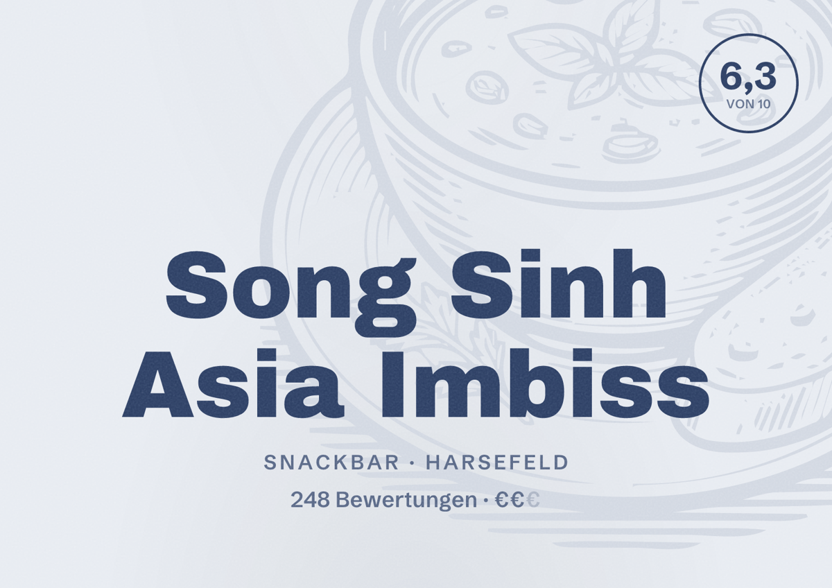 Illustriertes Poster von Song Sinh Asia Imbiss, Snackbar in Harsefeld: Bewertung 6,3 von 10 aus 248 Bewertungen, Preisniveau €€