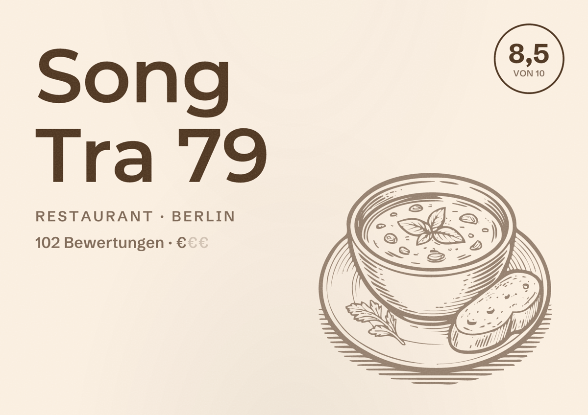 Illustriertes Poster von Song Tra 79, Restaurant in Berlin: Bewertung 8,5 von 10 aus 102 Bewertungen, Preisniveau €