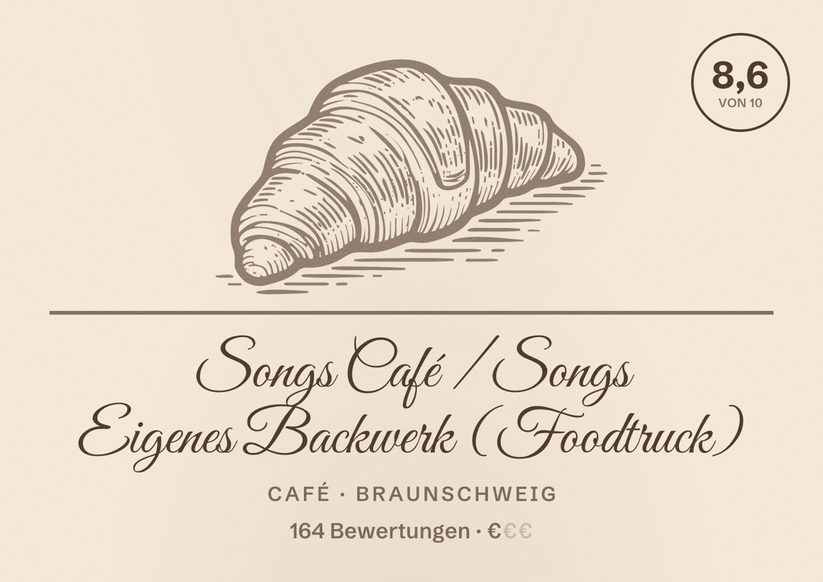Illustriertes Poster von Songs Café / Songs Eigenes Backwerk (Foodtruck), Café in Braunschweig: Bewertung 8,6 von 10 aus 164 Bewertungen, Preisniveau €