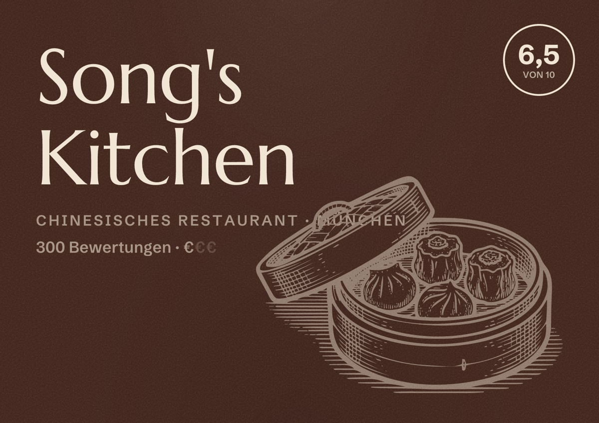 Illustriertes Poster von Song's Kitchen, Chinesisches Restaurant in München: Bewertung 6,5 von 10 aus 300 Bewertungen, Preisniveau €