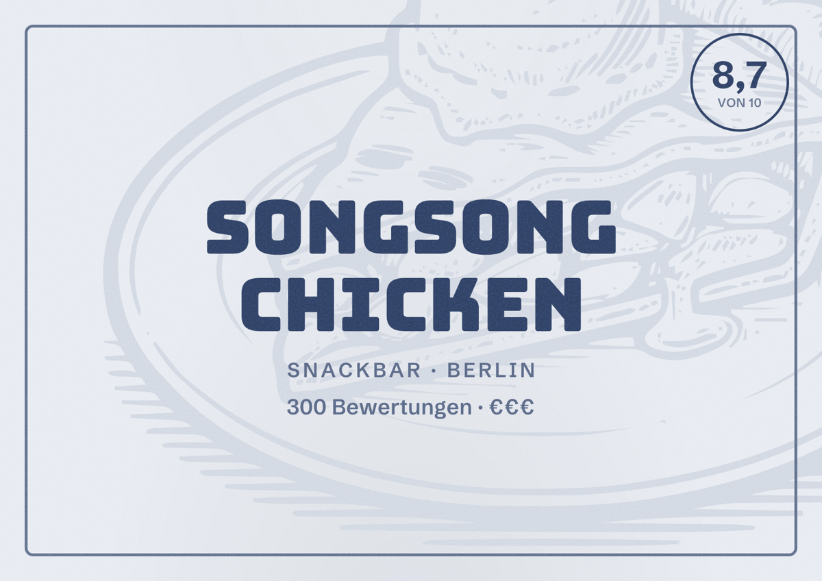 Illustriertes Poster von SongSong Chicken, Snackbar in Berlin: Bewertung 8,7 von 10 aus 300 Bewertungen, Preisniveau €€€