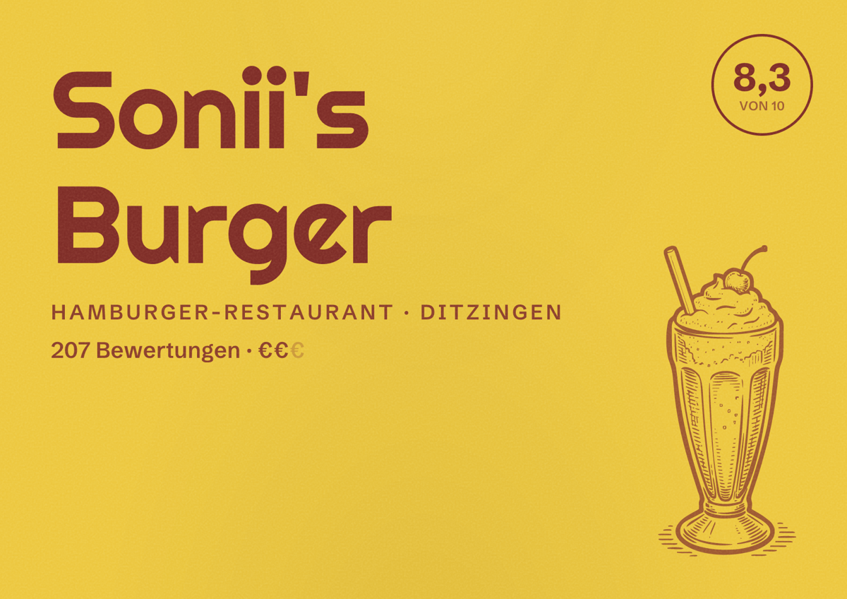 Illustriertes Poster von Sonii's Burger, Hamburger-Restaurant in Ditzingen: Bewertung 8,3 von 10 aus 207 Bewertungen, Preisniveau €€