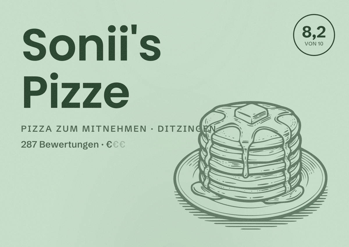 Illustriertes Poster von Sonii's Pizze, Pizza zum Mitnehmen in Ditzingen: Bewertung 8,2 von 10 aus 287 Bewertungen, Preisniveau €