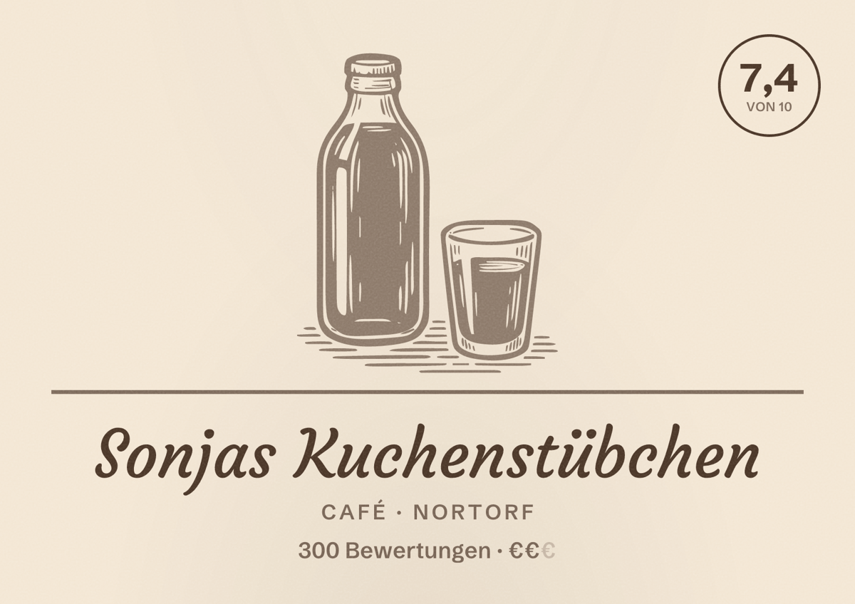 Illustriertes Poster von Sonjas Kuchenstübchen, Café in Nortorf: Bewertung 7,4 von 10 aus 300 Bewertungen, Preisniveau €€