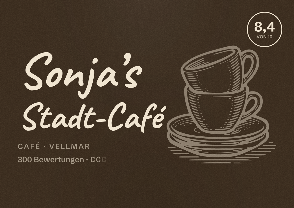 Illustriertes Poster von Sonja’s Stadt-Café, Café in Vellmar: Bewertung 8,4 von 10 aus 300 Bewertungen, Preisniveau €€