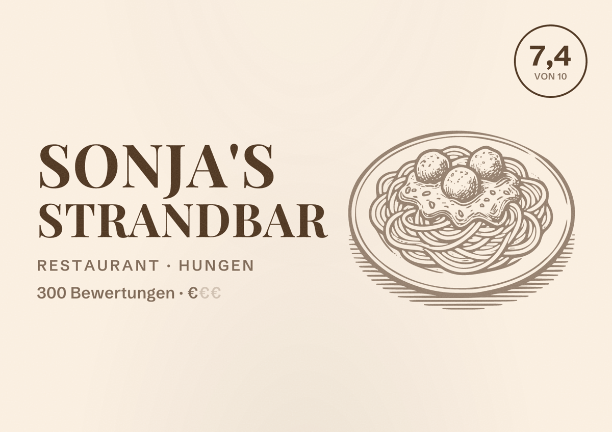 Illustriertes Poster von Sonja's Strandbar, Restaurant in Hungen: Bewertung 7,4 von 10 aus 300 Bewertungen, Preisniveau €