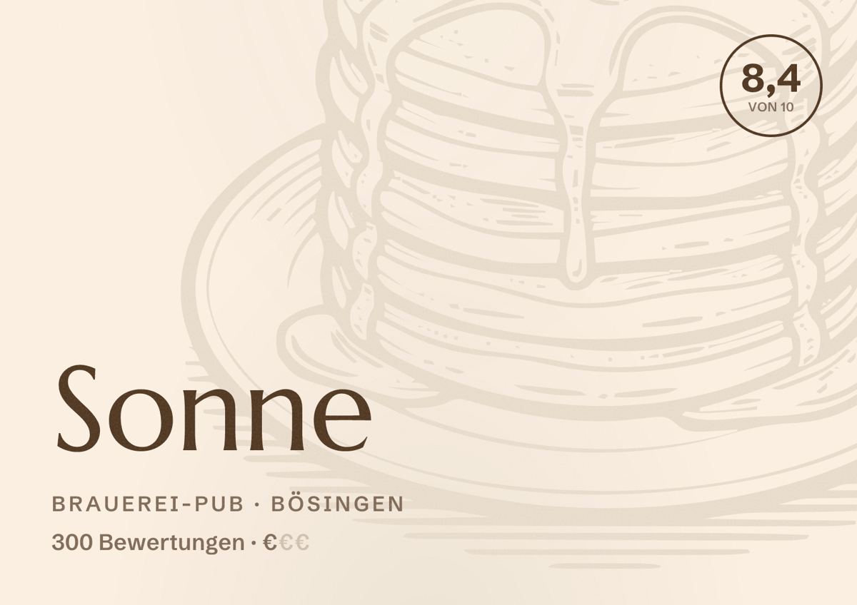 Illustriertes Poster von Sonne, Brauerei-Pub in Bösingen: Bewertung 8,4 von 10 aus 300 Bewertungen, Preisniveau €