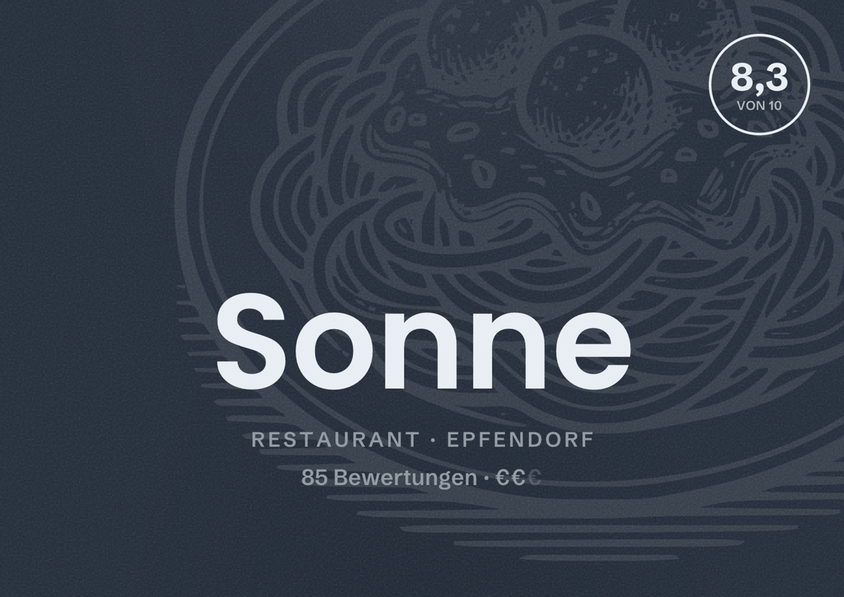 Illustriertes Poster von Sonne, Restaurant in Epfendorf: Bewertung 8,3 von 10 aus 85 Bewertungen, Preisniveau €€