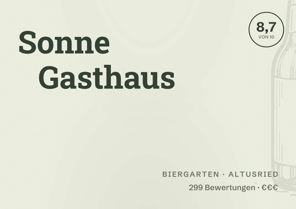 Illustriertes Poster von Sonne Gasthaus, Biergarten in Altusried: Bewertung 8,7 von 10 aus 299 Bewertungen, Preisniveau €€€